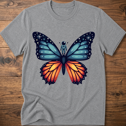 Heather gray crew-neck t-shirt with blue-and-orange butterfly astronaut graphic