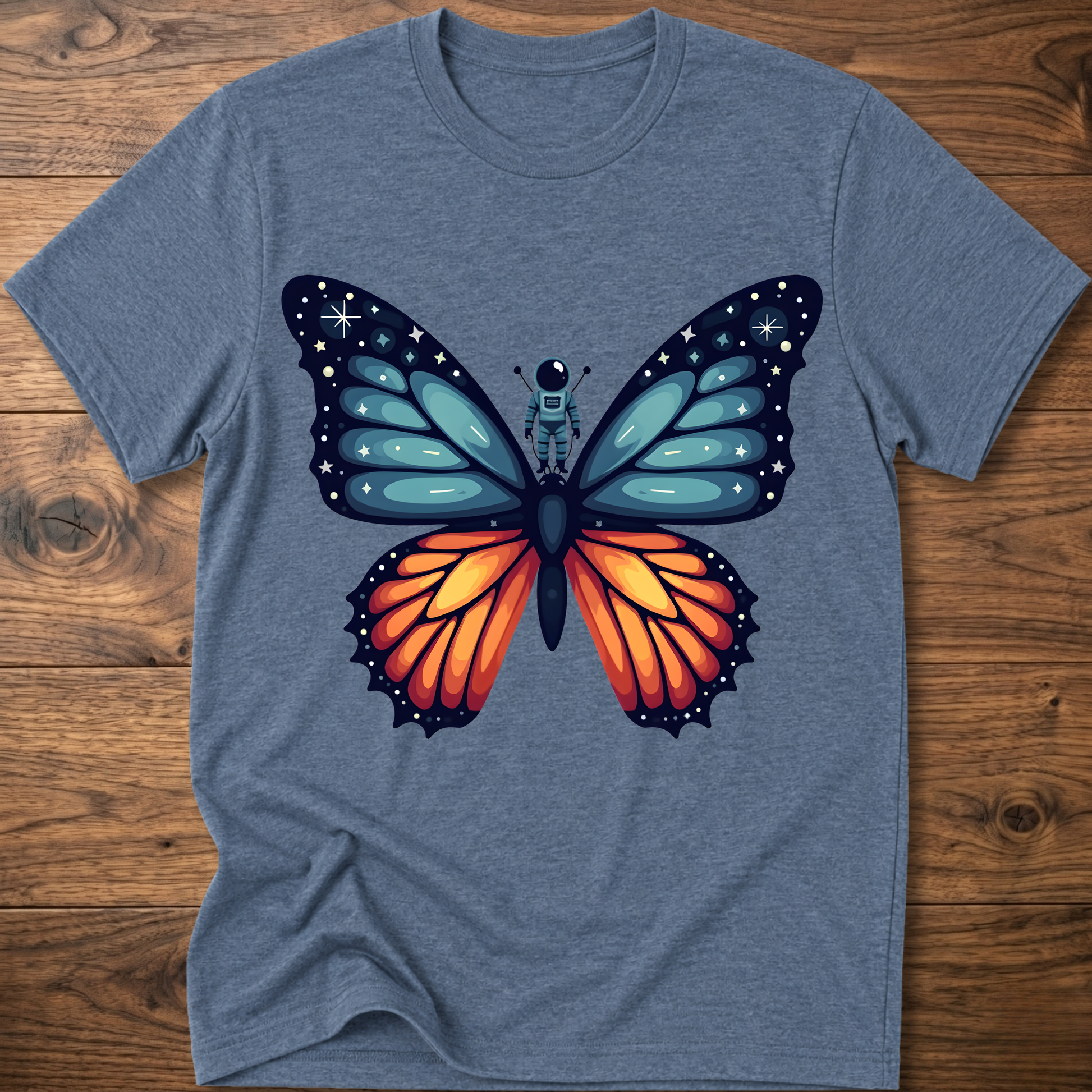 Heather blue crew-neck t-shirt with blue-and-orange butterfly astronaut graphic