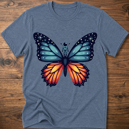 Heather blue crew-neck t-shirt with blue-and-orange butterfly astronaut graphic