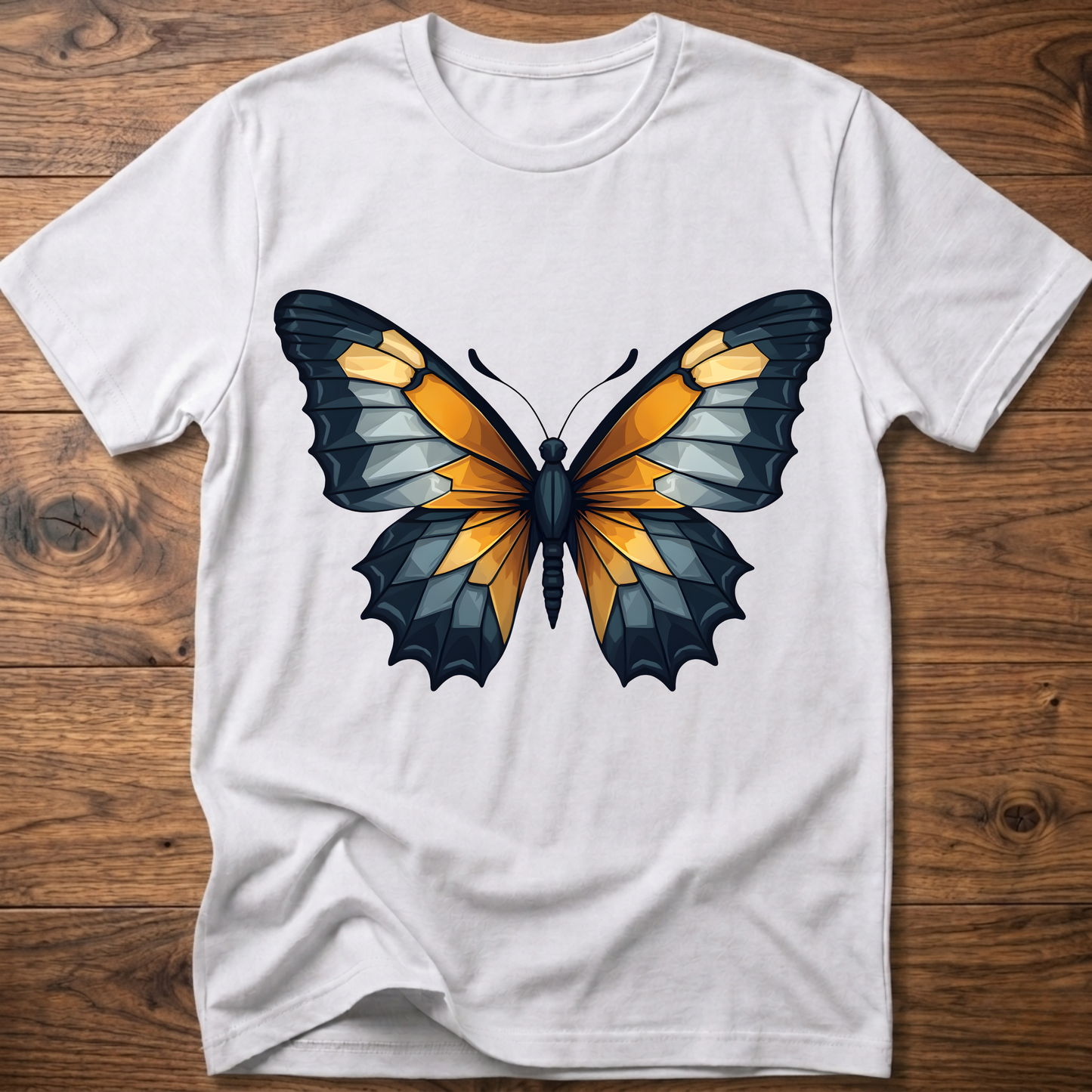 White abstract butterfly T-shirt with colorful wings graphic centered on chest