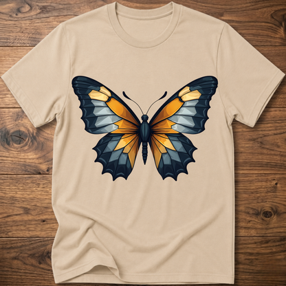 Sand beige abstract butterfly T-shirt with colorful wings graphic centered