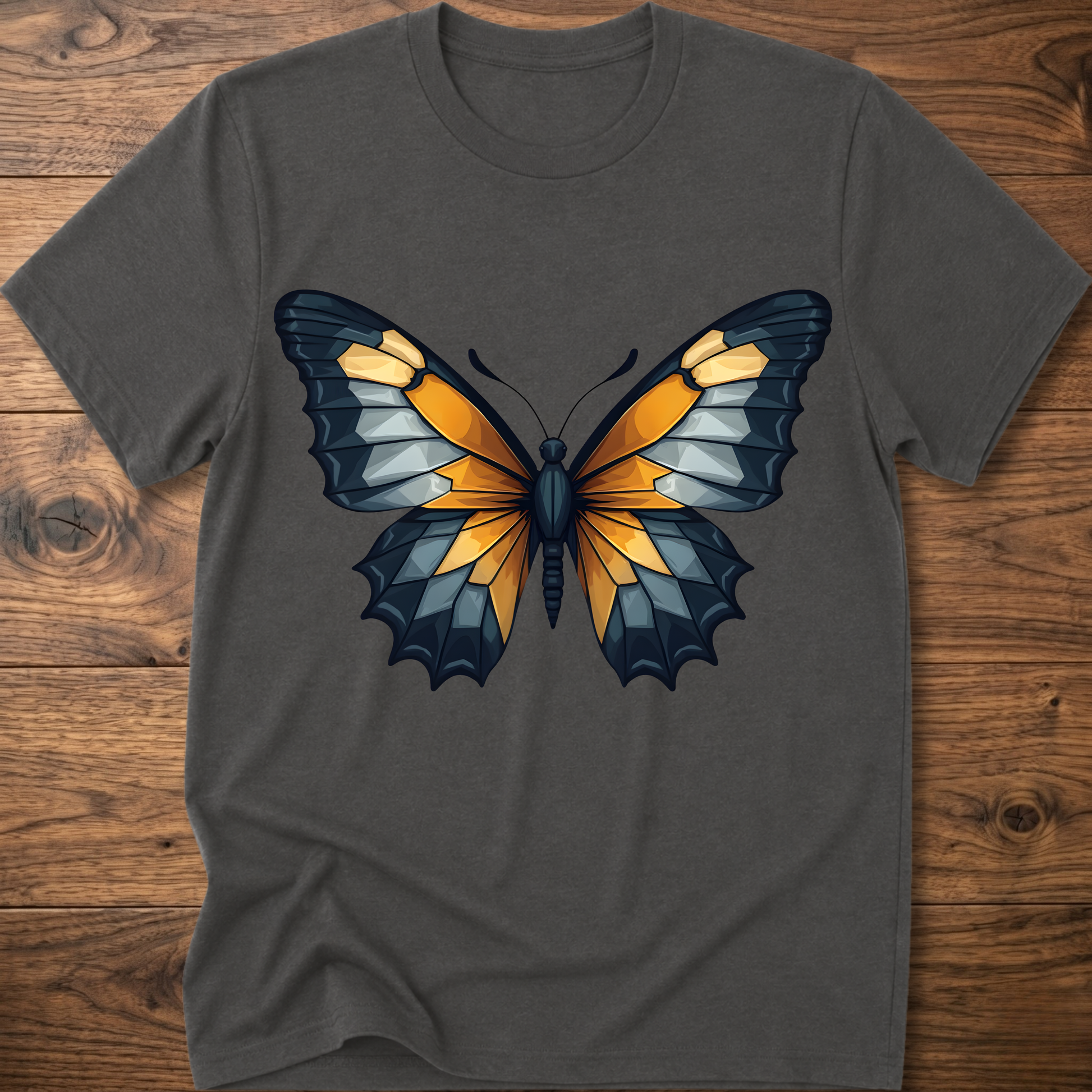 Charcoal abstract butterfly T-shirt with colorful wings graphic centered