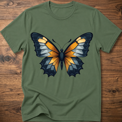 Military green abstract butterfly T-shirt with colorful wings graphic on front