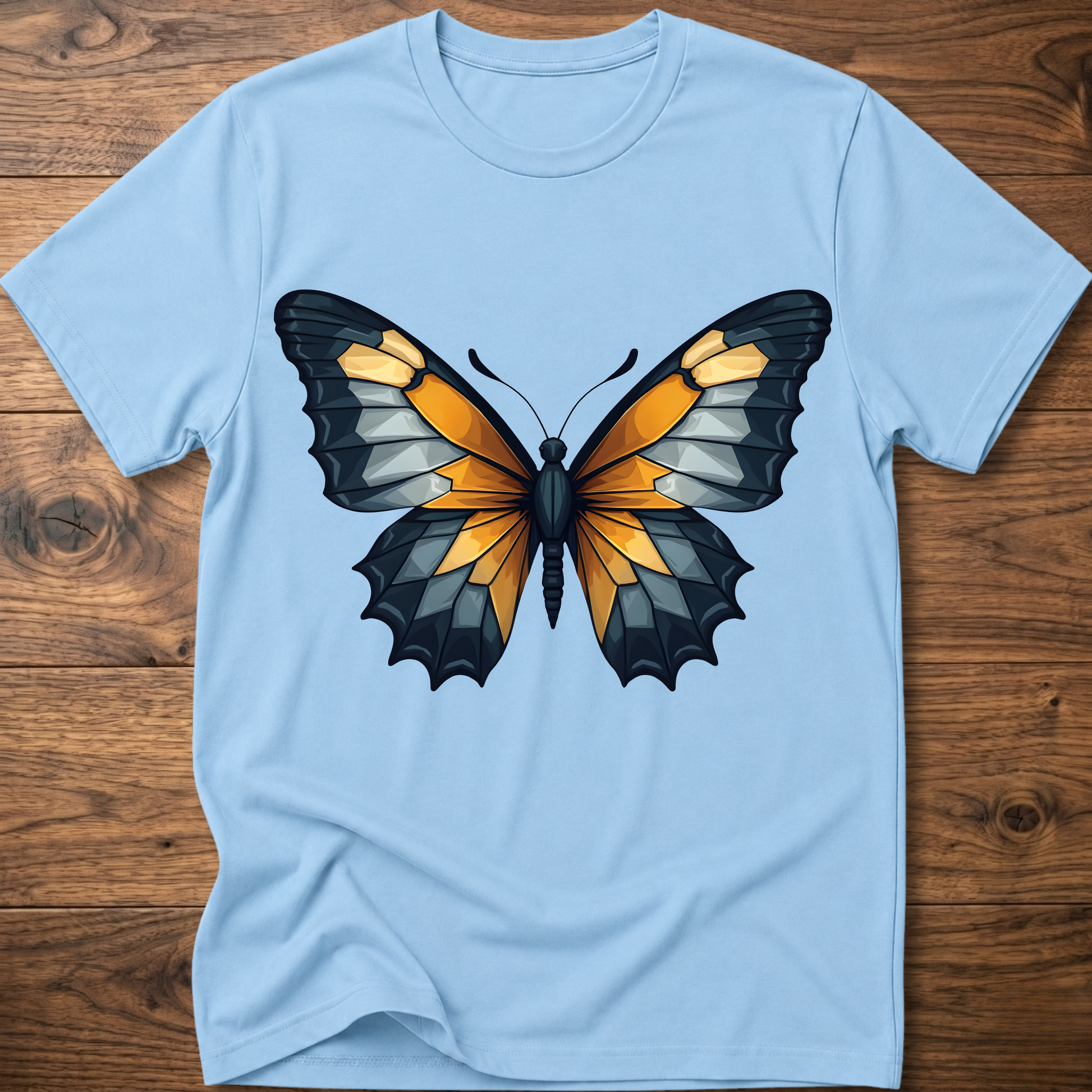 Light blue abstract butterfly T-shirt with colorful wings graphic centered