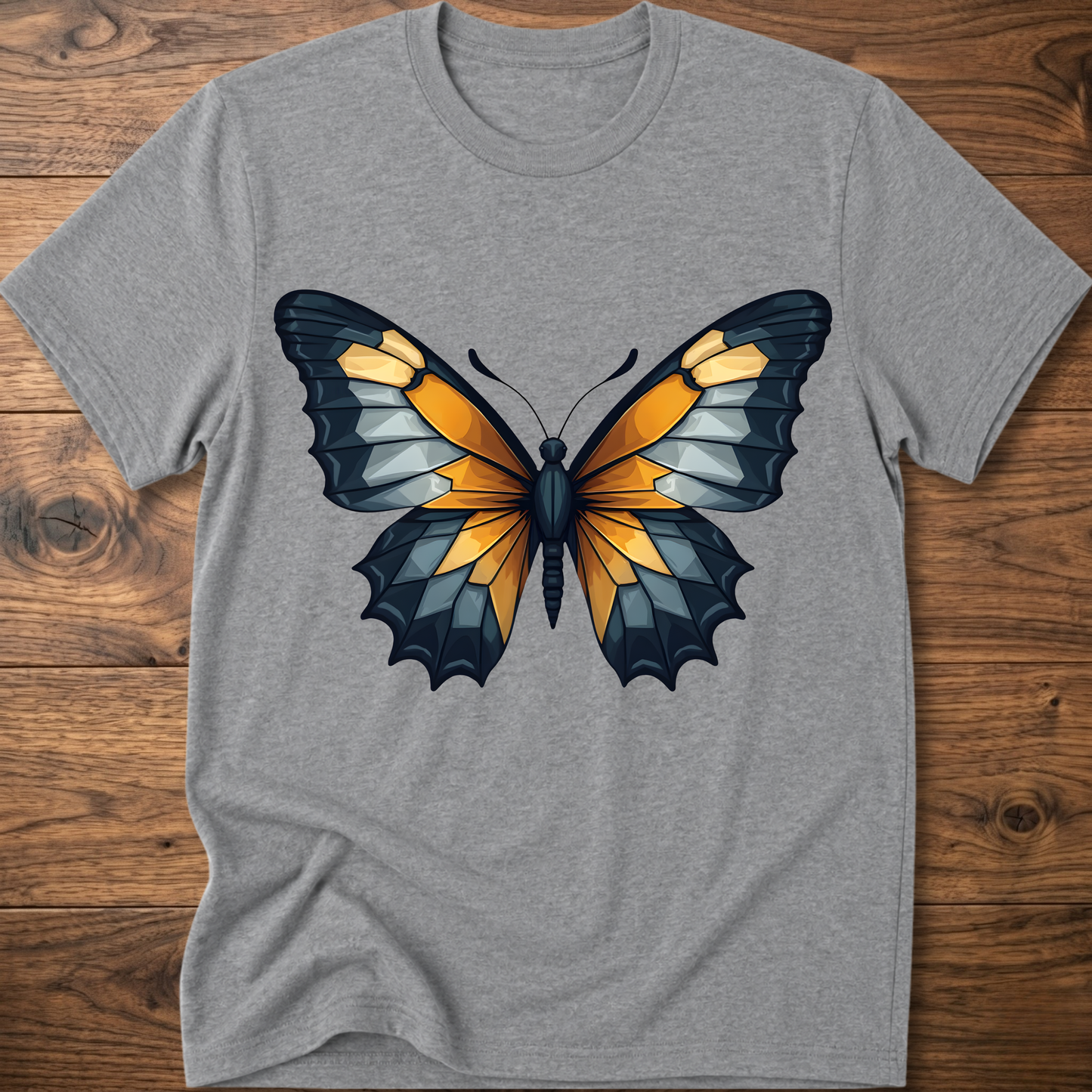 Sport grey abstract butterfly T-shirt with colorful wings graphic centered