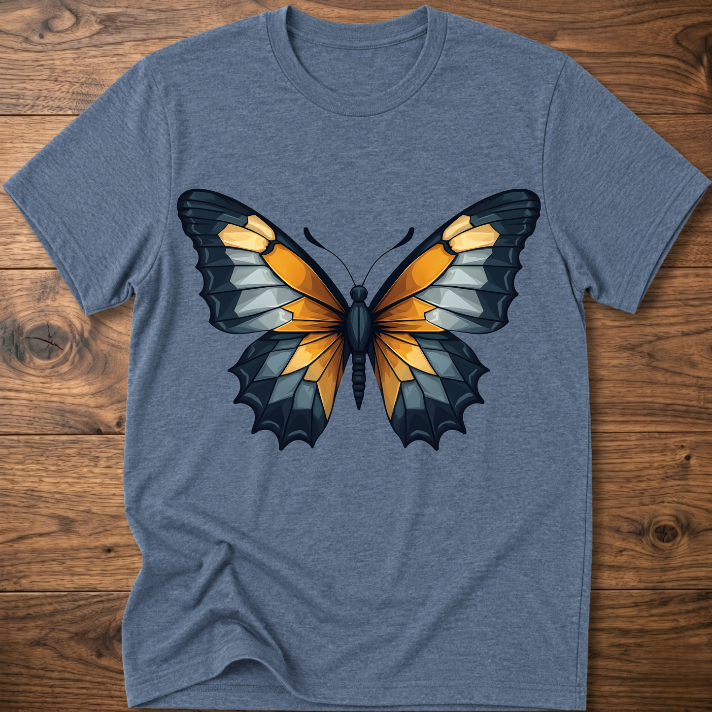 Heather blue abstract butterfly T-shirt with colorful wings graphic on chest