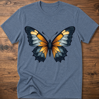 Heather blue abstract butterfly T-shirt with colorful wings graphic on chest