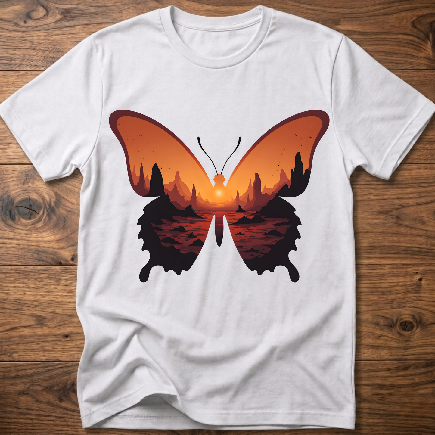 White crew-neck T-shirt with colorful butterfly graphic in orange and black