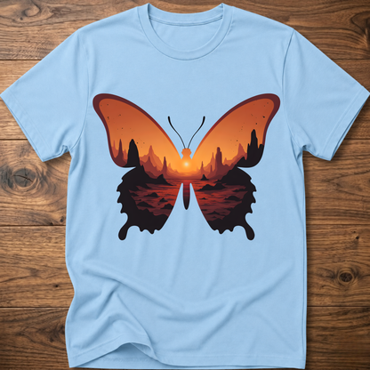 Light blue crew-neck T-shirt with colorful butterfly graphic in orange and black