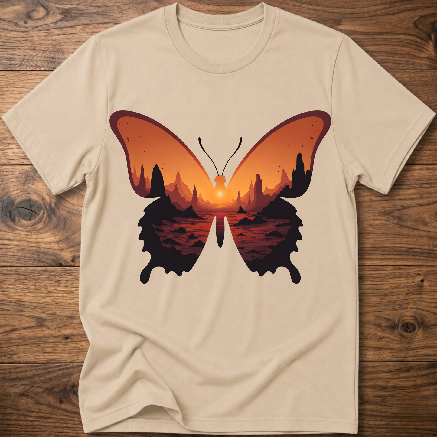 Sand crew-neck T-shirt with colorful butterfly graphic in orange and black