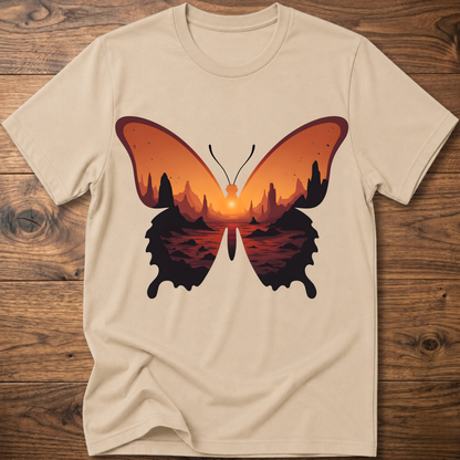 Sand crew-neck T-shirt with colorful butterfly graphic in orange and black