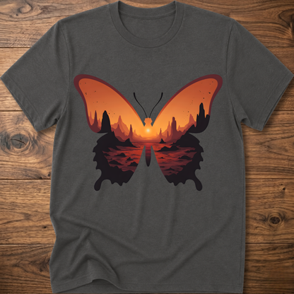 Charcoal crew-neck T-shirt with colorful butterfly graphic in orange and black