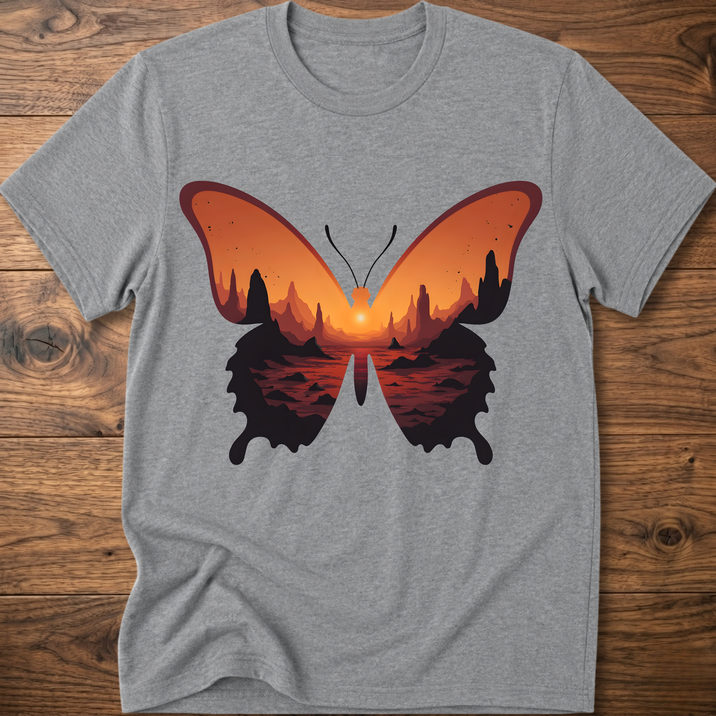Sport grey crew-neck T-shirt with colorful butterfly graphic in orange and black