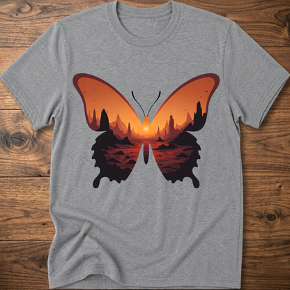 Sport grey crew-neck T-shirt with colorful butterfly graphic in orange and black