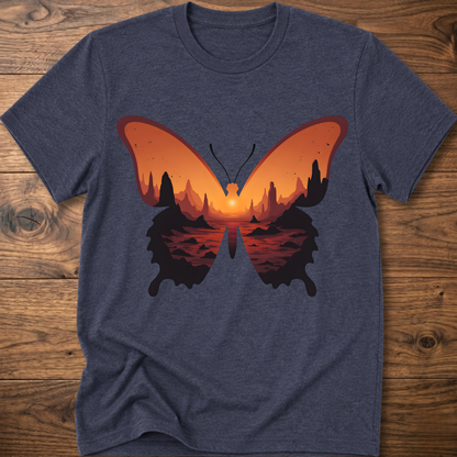 Dark blue crew-neck T-shirt with colorful butterfly graphic in orange and black