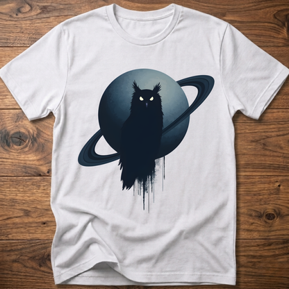 White t-shirt with black owl and Saturn graphic print on the front