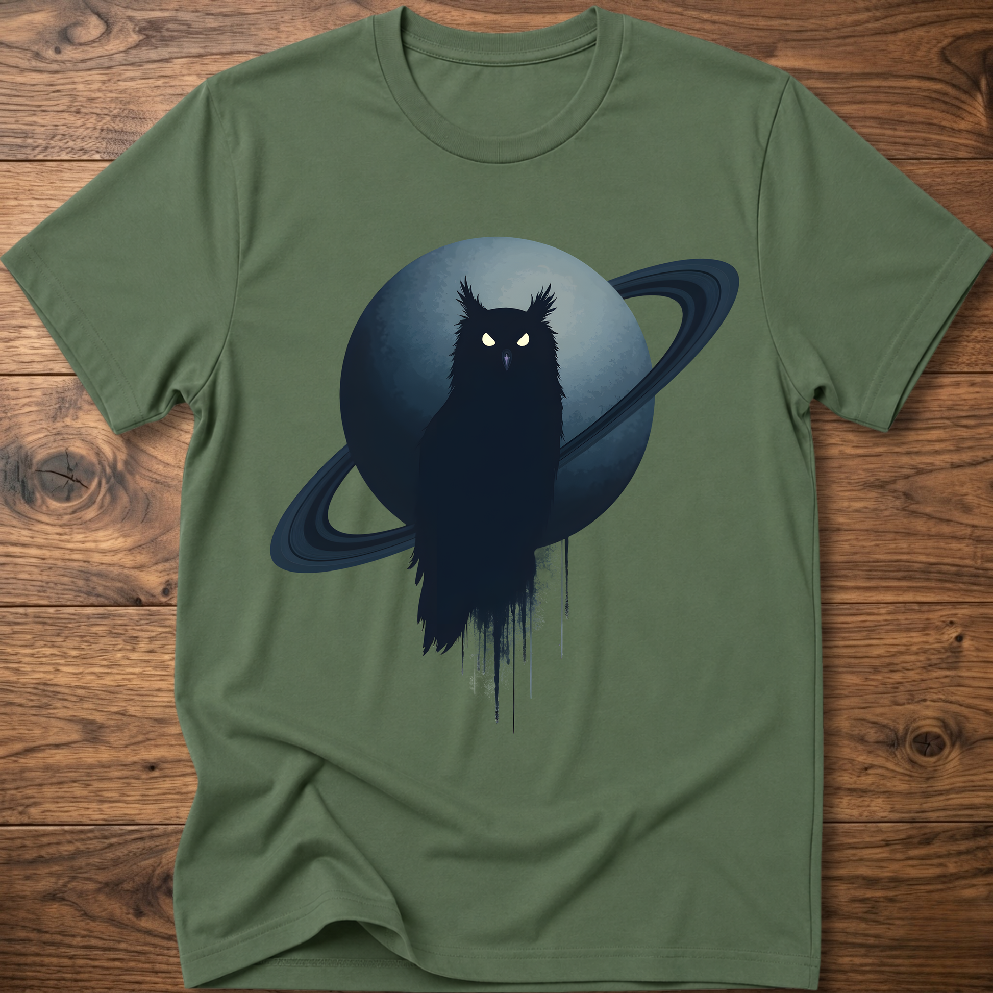 Military green t-shirt with black owl and Saturn graphic print on the front
