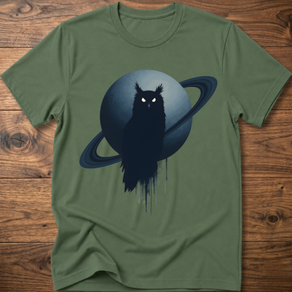 Military green t-shirt with black owl and Saturn graphic print on the front
