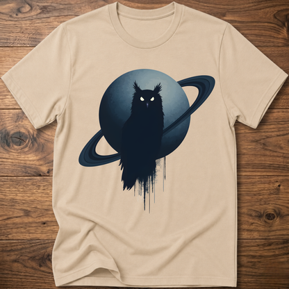Sand/beige t-shirt with black owl and Saturn graphic print on the front