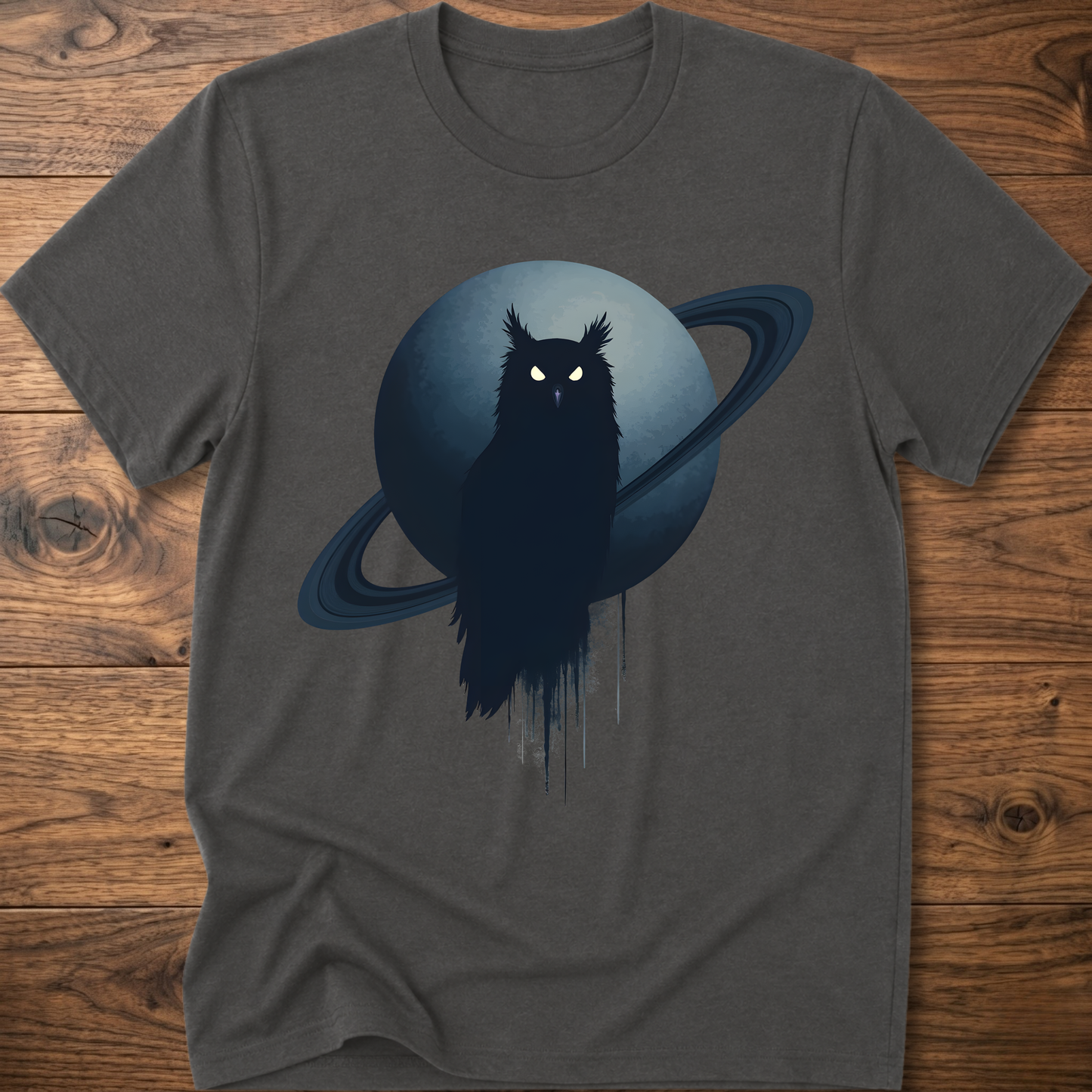 Charcoal t-shirt with black owl and Saturn graphic print on the front