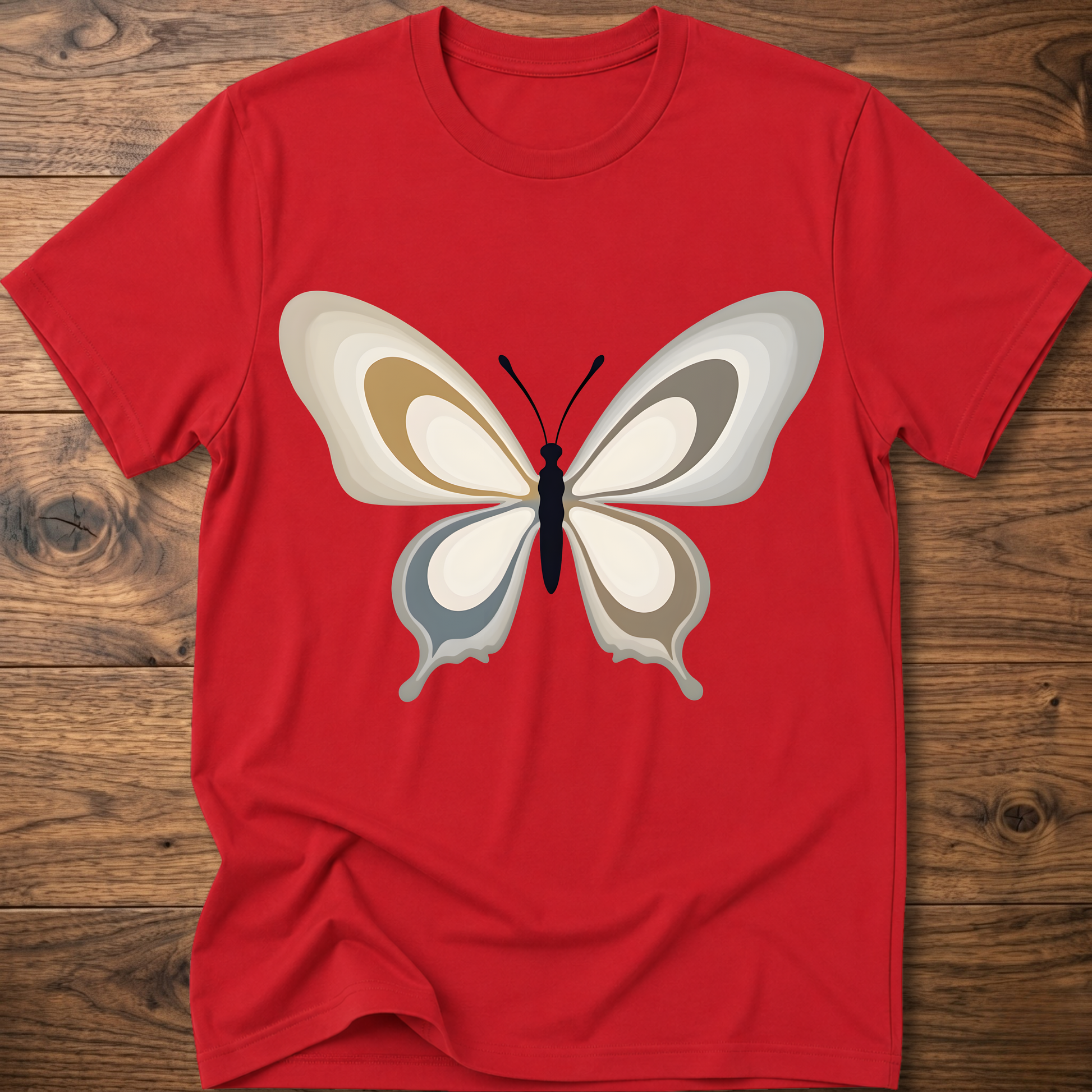 Red crewneck t-shirt with centered abstract butterfly print
