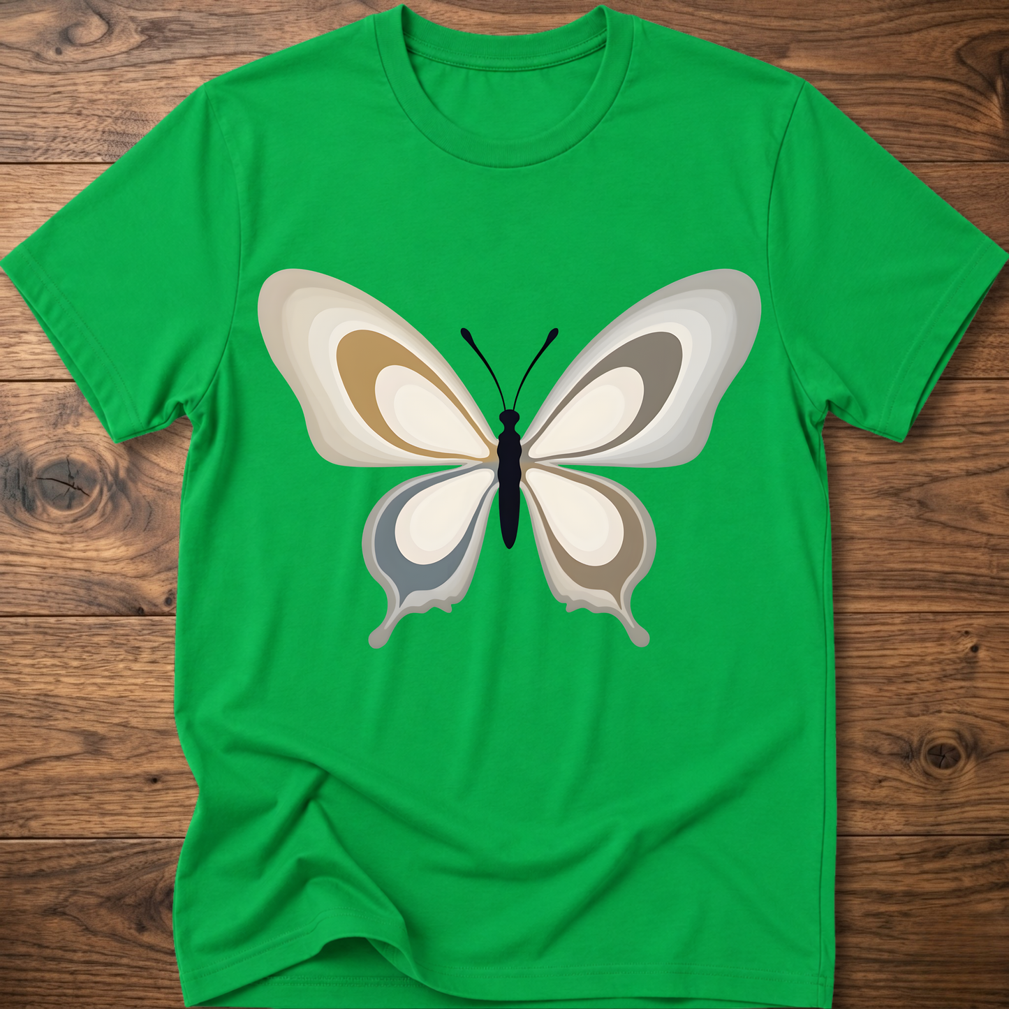 Bright green crewneck t-shirt with centered abstract butterfly graphic