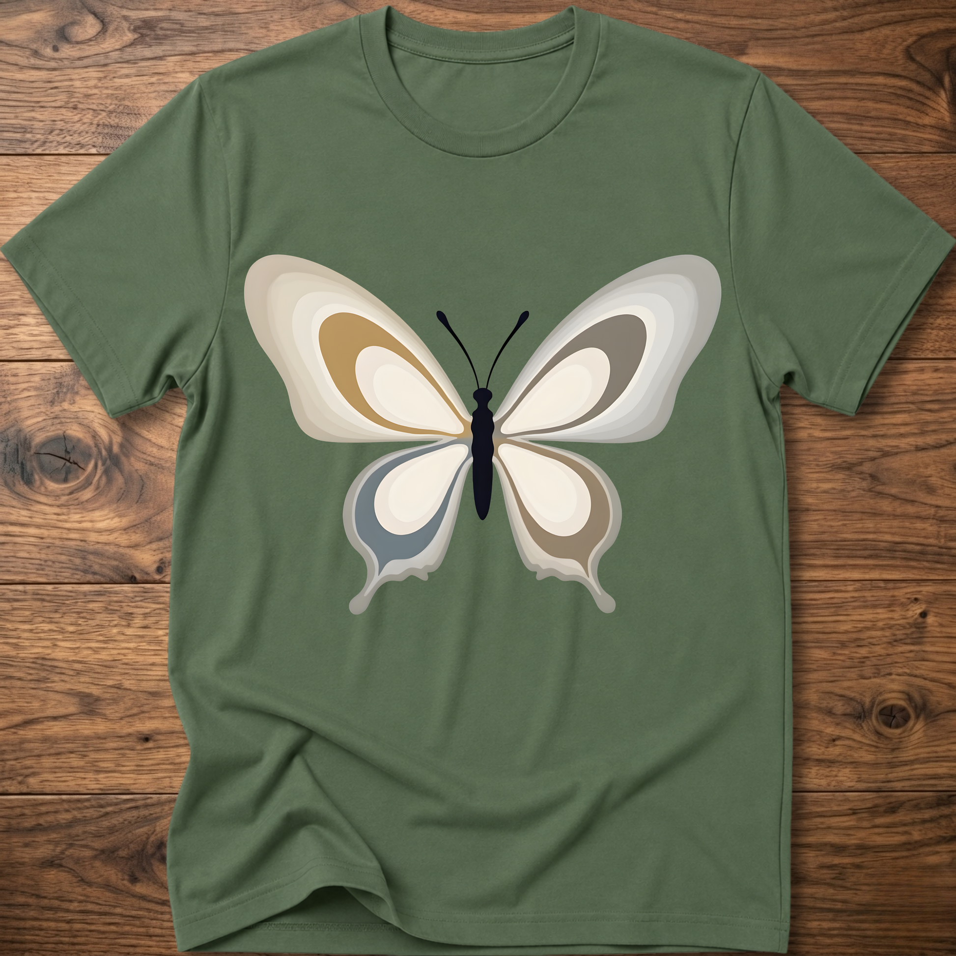 Military green crewneck t-shirt with centered abstract butterfly print