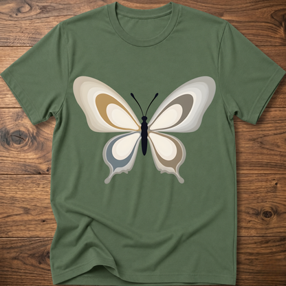 Military green crewneck t-shirt with centered abstract butterfly print