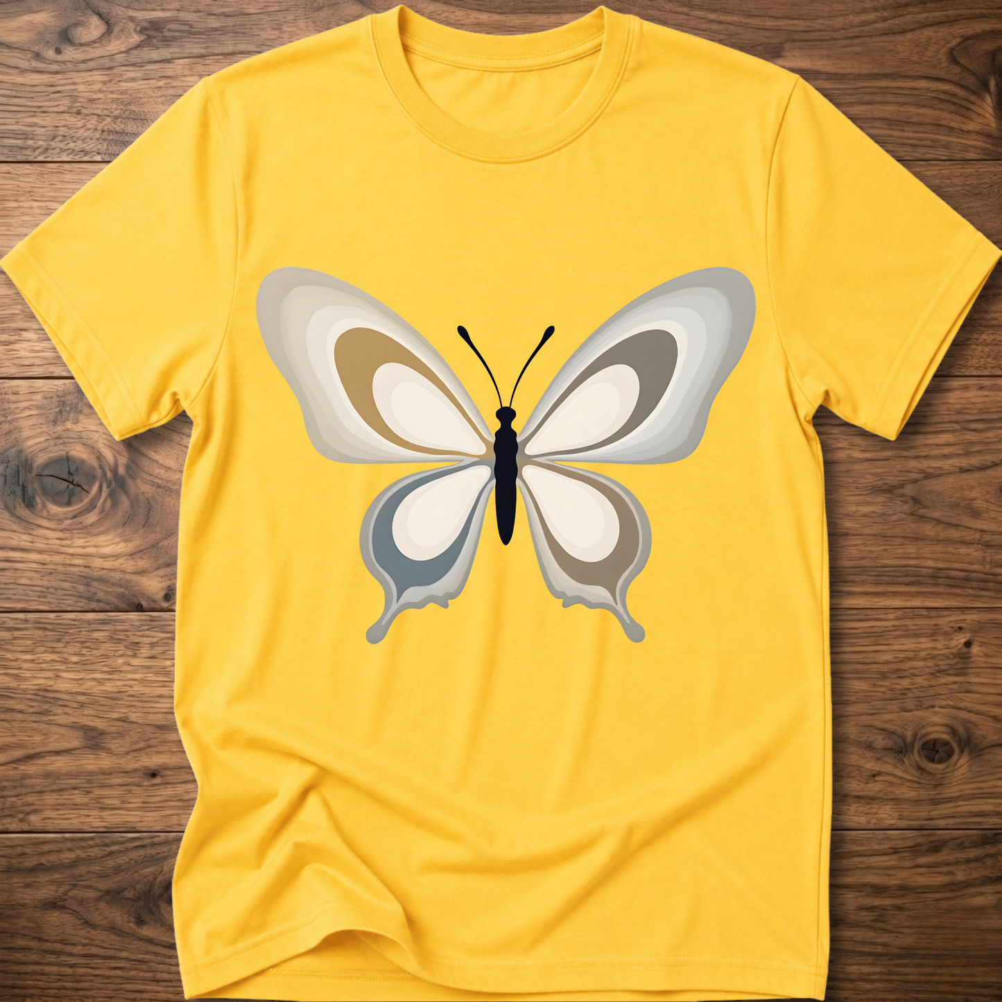 Yellow crewneck t-shirt with centered abstract butterfly print