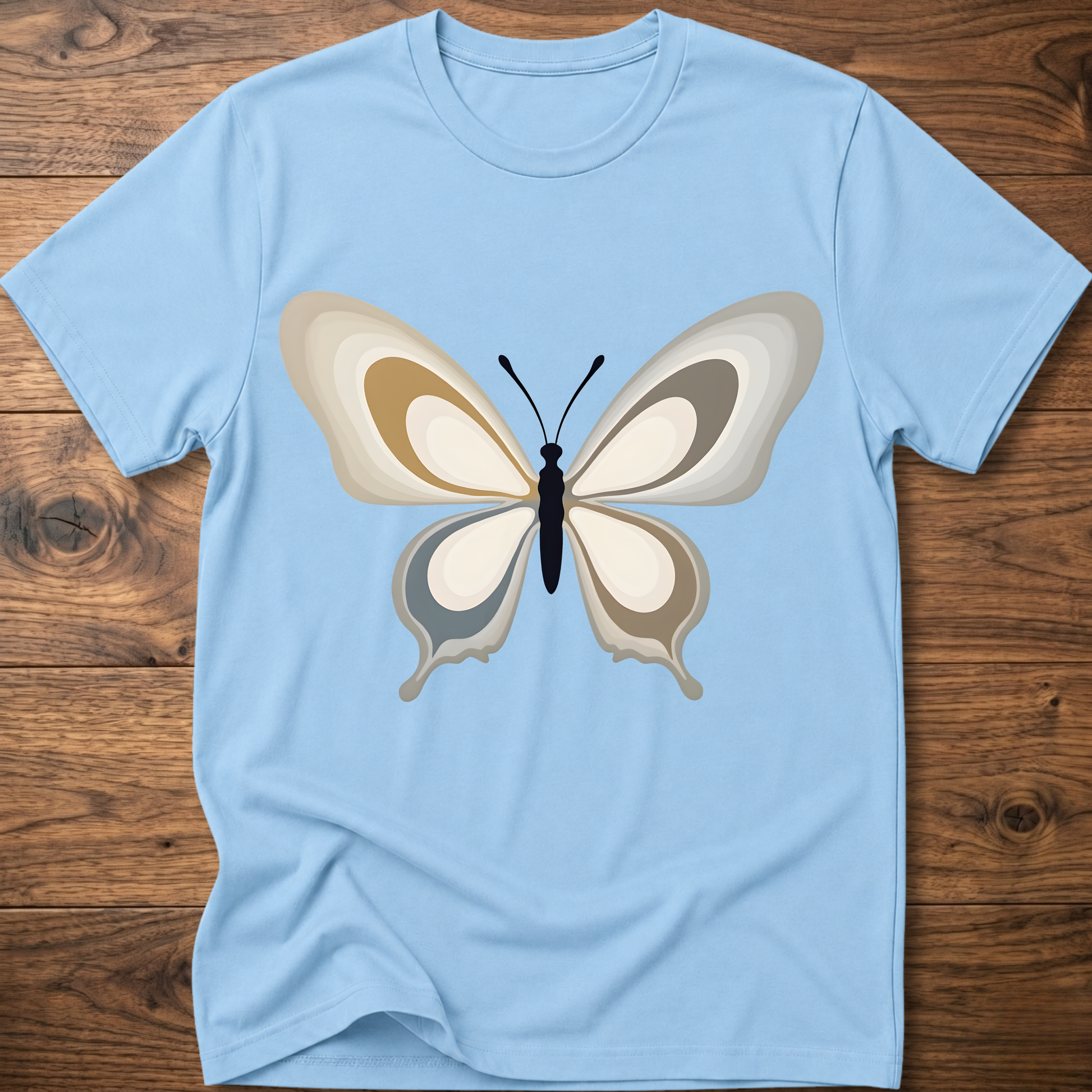 Light blue crewneck t-shirt with centered abstract butterfly graphic