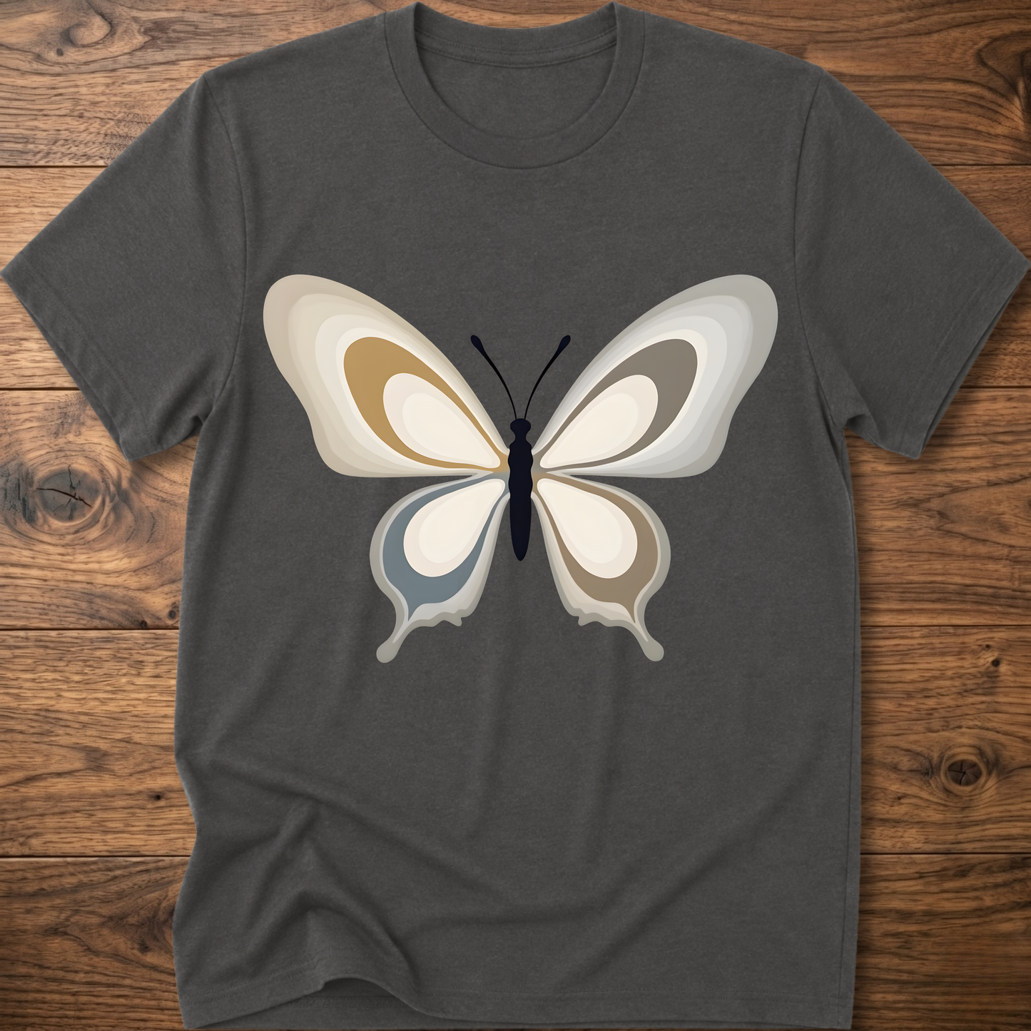 Charcoal crewneck t-shirt with centered abstract butterfly graphic