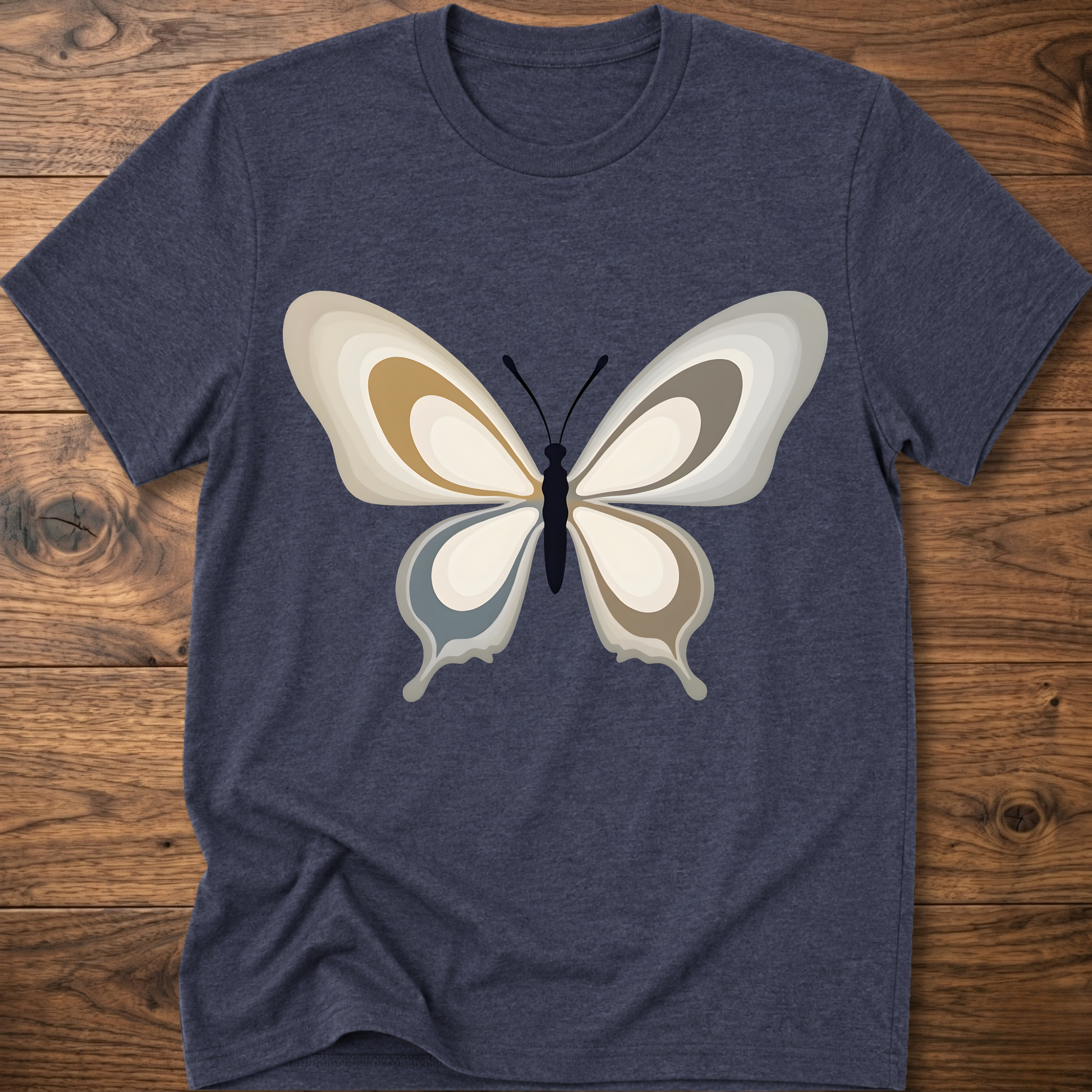 Navy crewneck t-shirt with centered abstract butterfly graphic