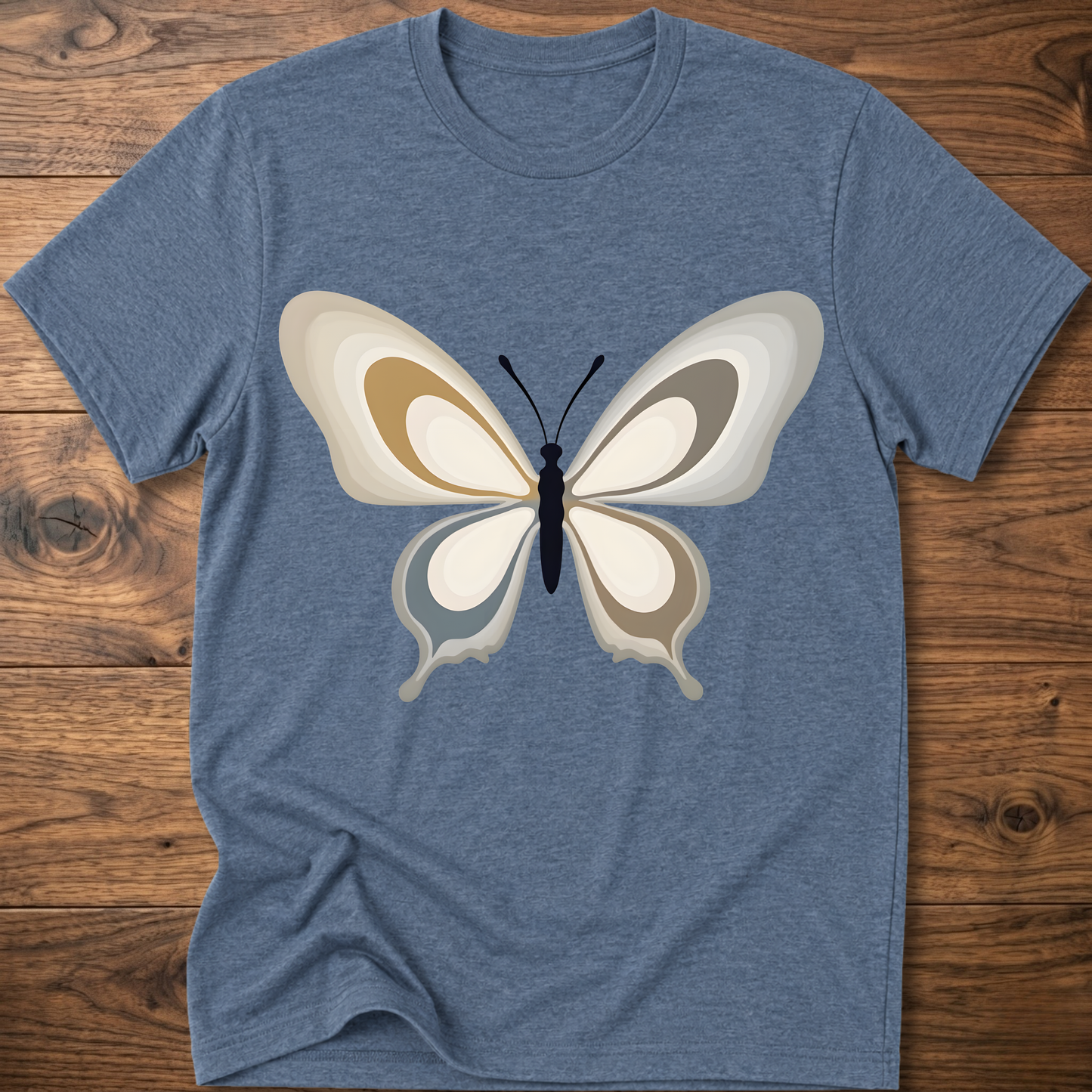 Denim blue crewneck t-shirt with centered abstract butterfly print