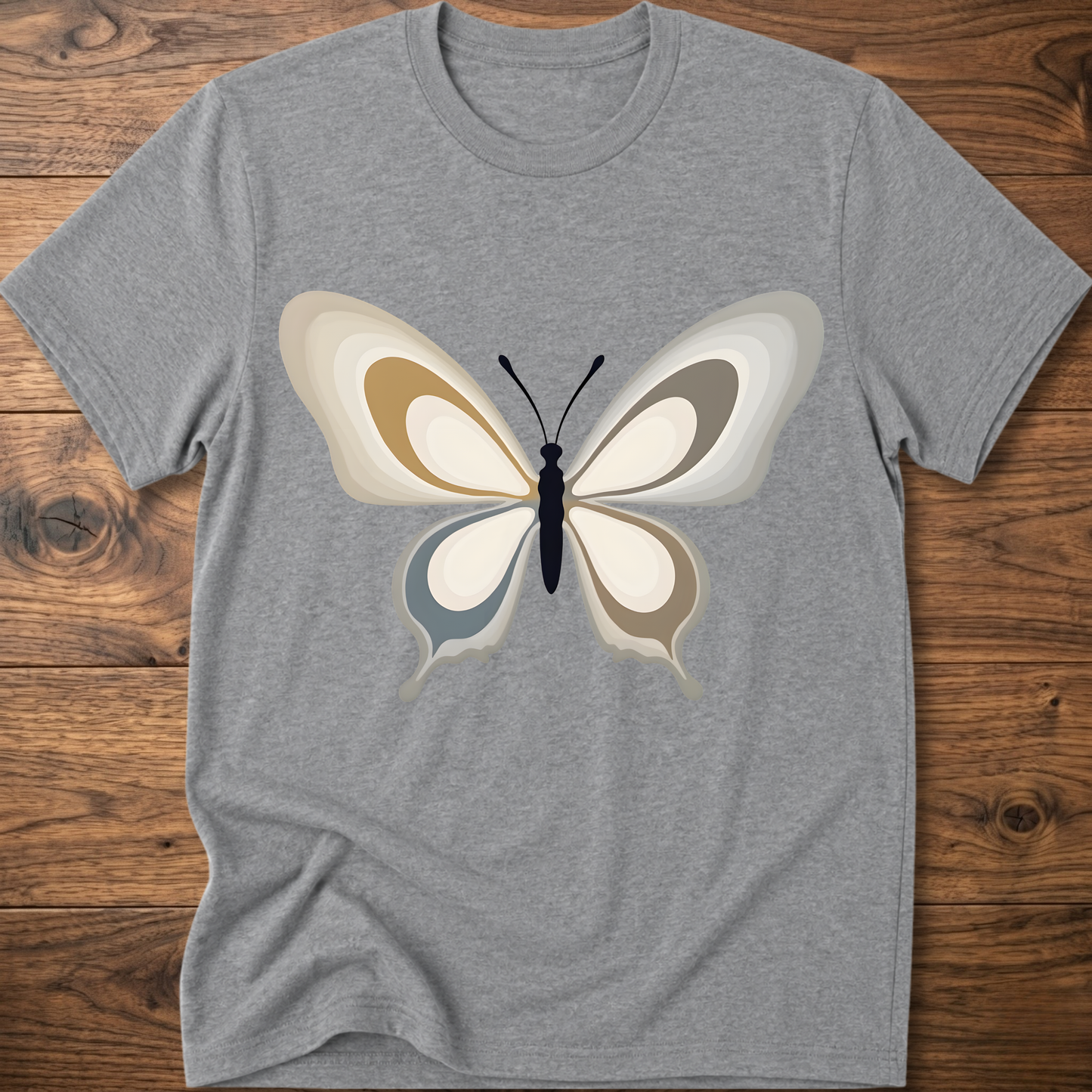 Heather gray crewneck t-shirt with centered abstract butterfly print