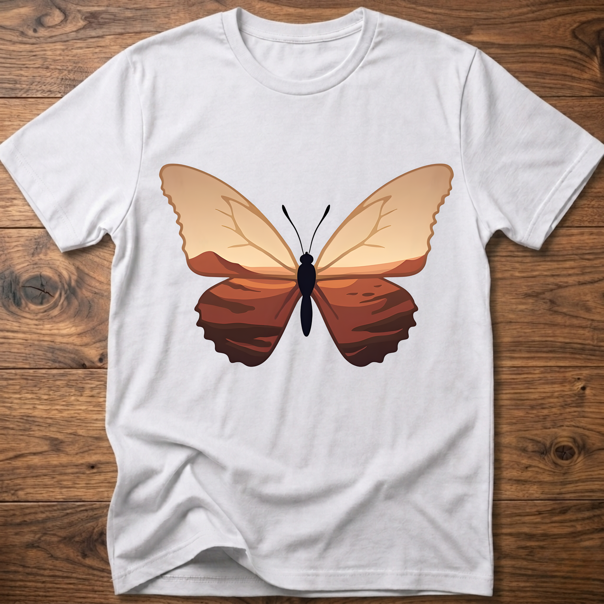 White crewneck t-shirt with minimalist butterfly graphic on the chest