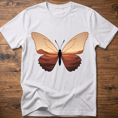 White crewneck t-shirt with minimalist butterfly graphic on the chest