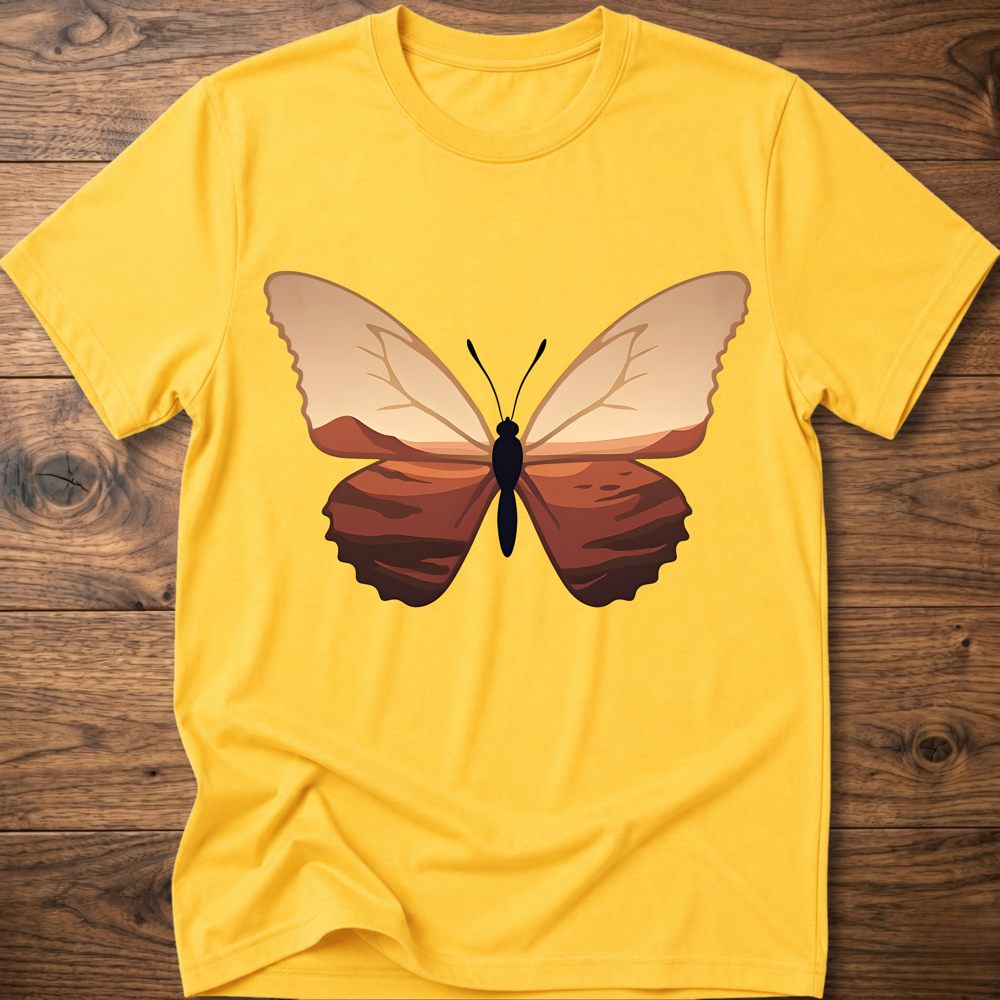 Yellow crewneck t-shirt with minimalist butterfly graphic on the chest