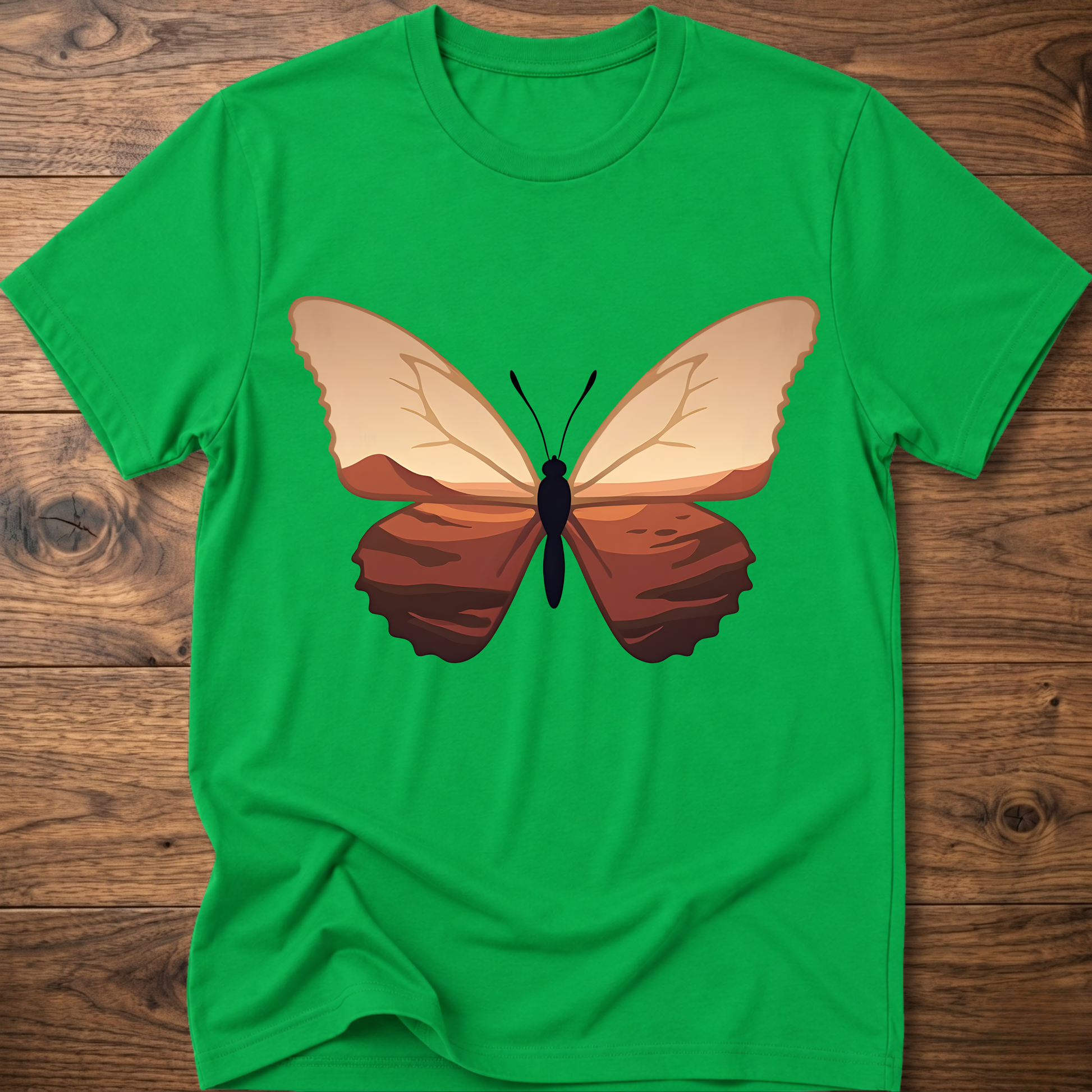 Bright green crewneck t-shirt with minimalist butterfly graphic on the chest