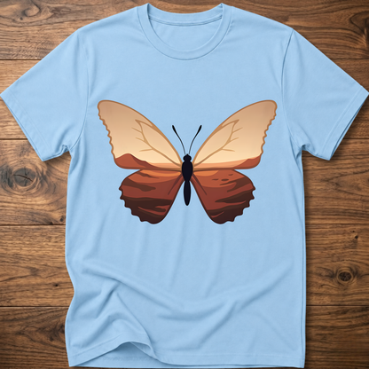 Light blue crewneck t-shirt with minimalist butterfly graphic on the chest