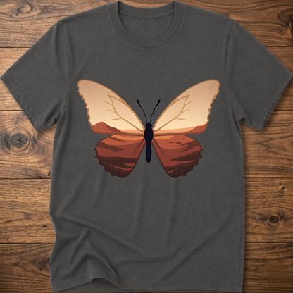 Charcoal gray crewneck t-shirt with minimalist butterfly graphic on the chest