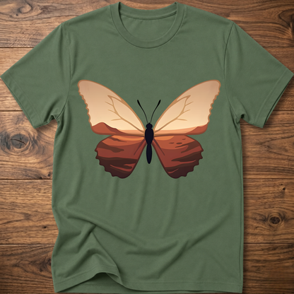 Military green crewneck t-shirt with minimalist butterfly graphic on the chest