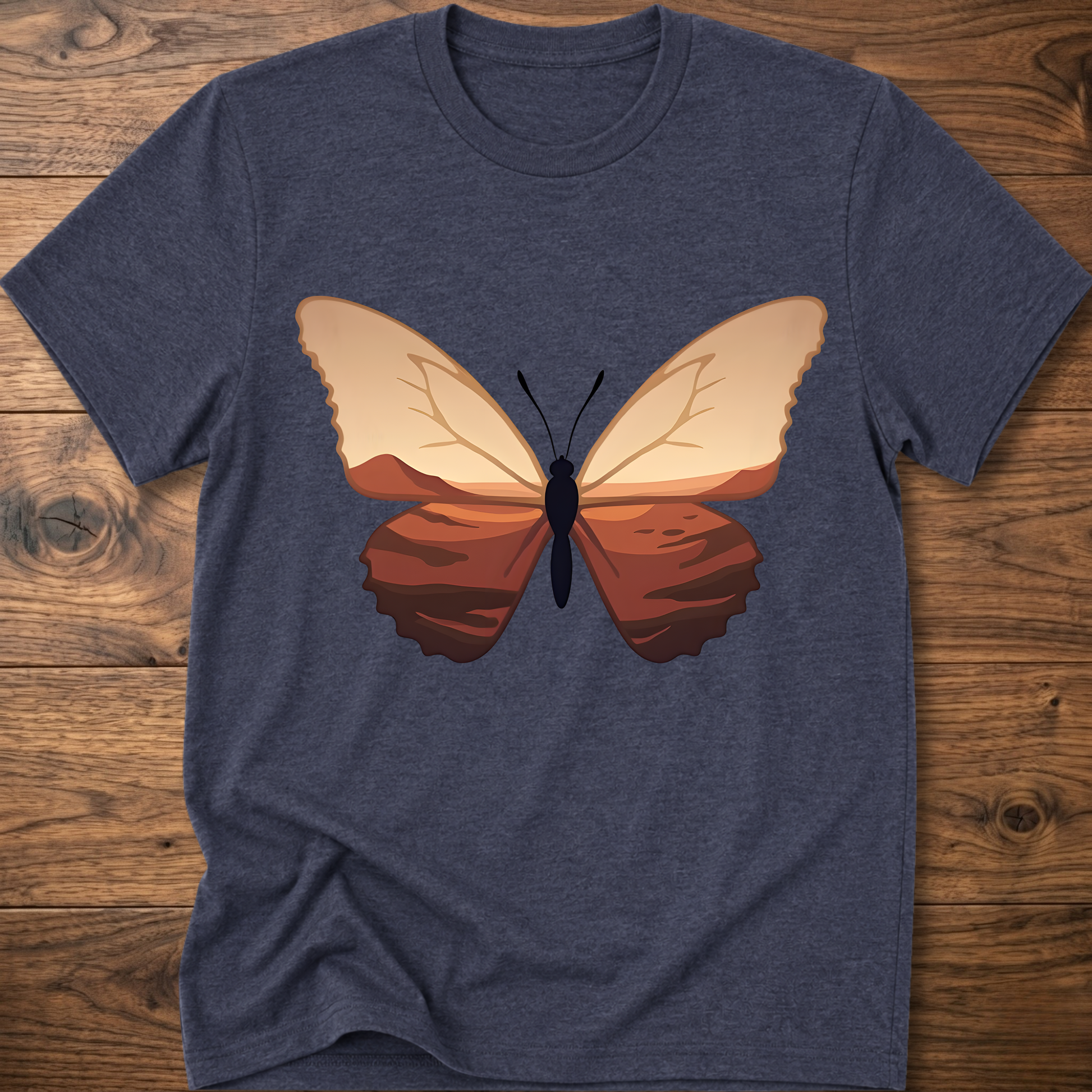 Heather navy crewneck t-shirt with minimalist butterfly graphic on the chest