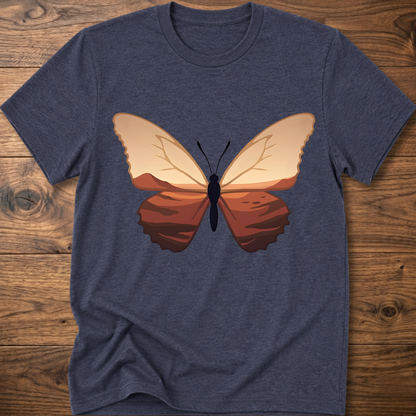 Heather navy crewneck t-shirt with minimalist butterfly graphic on the chest