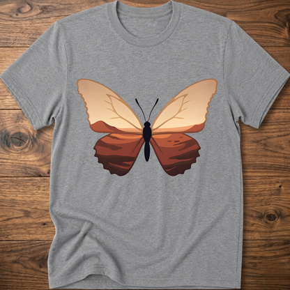 Heather gray crewneck t-shirt with minimalist butterfly graphic on the chest