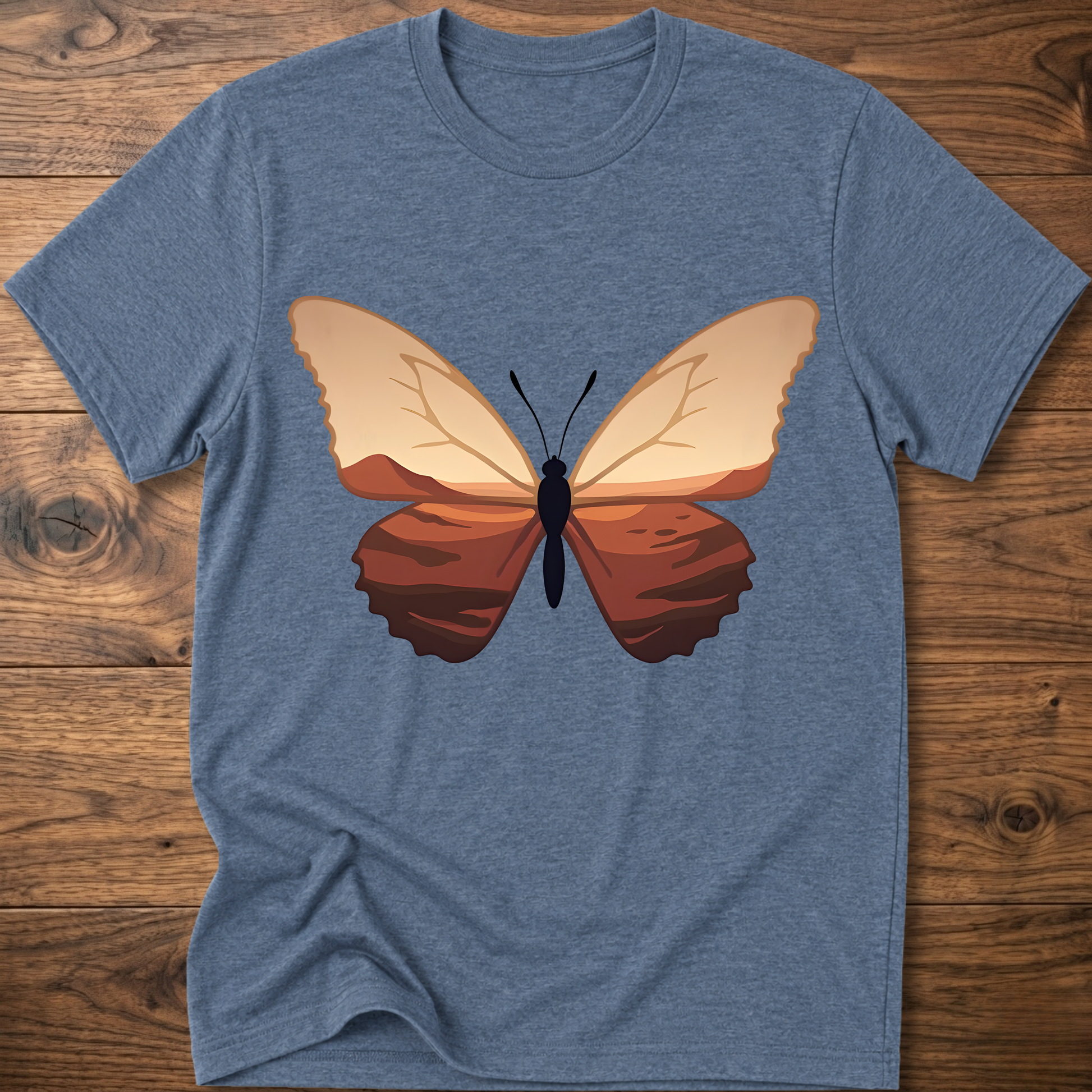 Heather blue crewneck t-shirt with minimalist butterfly graphic on the chest
