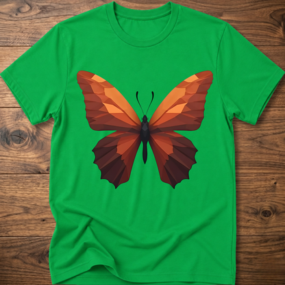 Daisy green T-shirt with geometric butterfly graphic, orange and brown wings on front.