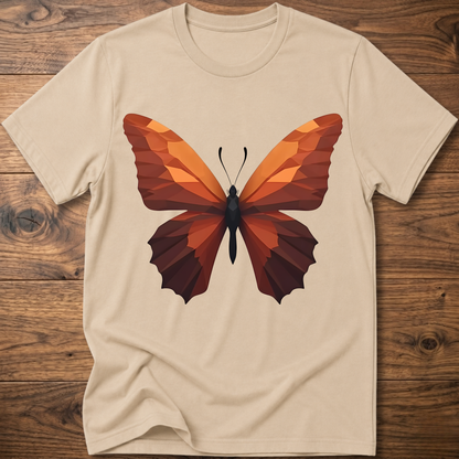 Sand T-shirt with geometric butterfly graphic, orange and brown wings on front.