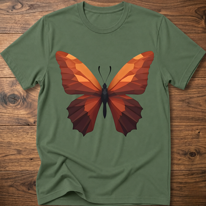 Military green T-shirt with geometric butterfly graphic, orange and brown wings on front.