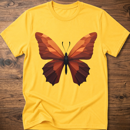 Yellow T-shirt with geometric butterfly graphic, orange and brown wings on front.