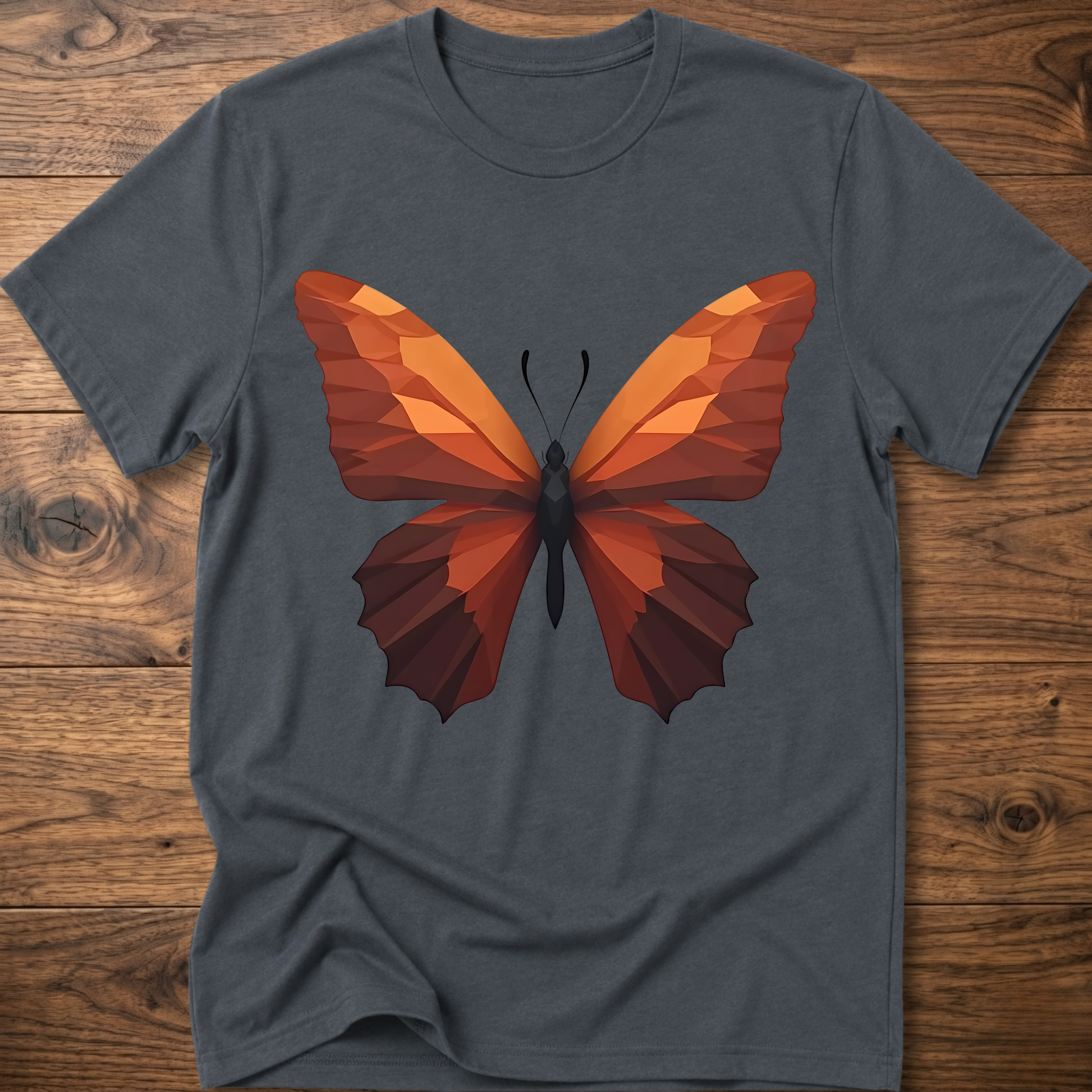 Dark heather crew-neck T-shirt with geometric butterfly graphic, short sleeves
